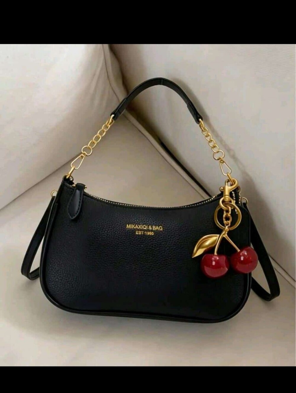 & Other Stories Black Leather Shoulder Bag with Red Cherry Charm